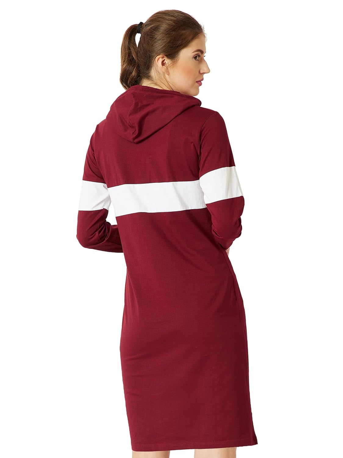 Women's Round Neck Full Sleeves Cotton Solid Hooded Knee-Long T-Shirt Dress - Image 5