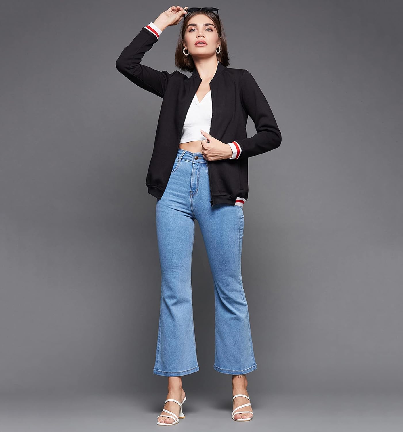 Women's Black V-Neck Full Sleeve Solid Multicolored Bomber Jacket - Image 6