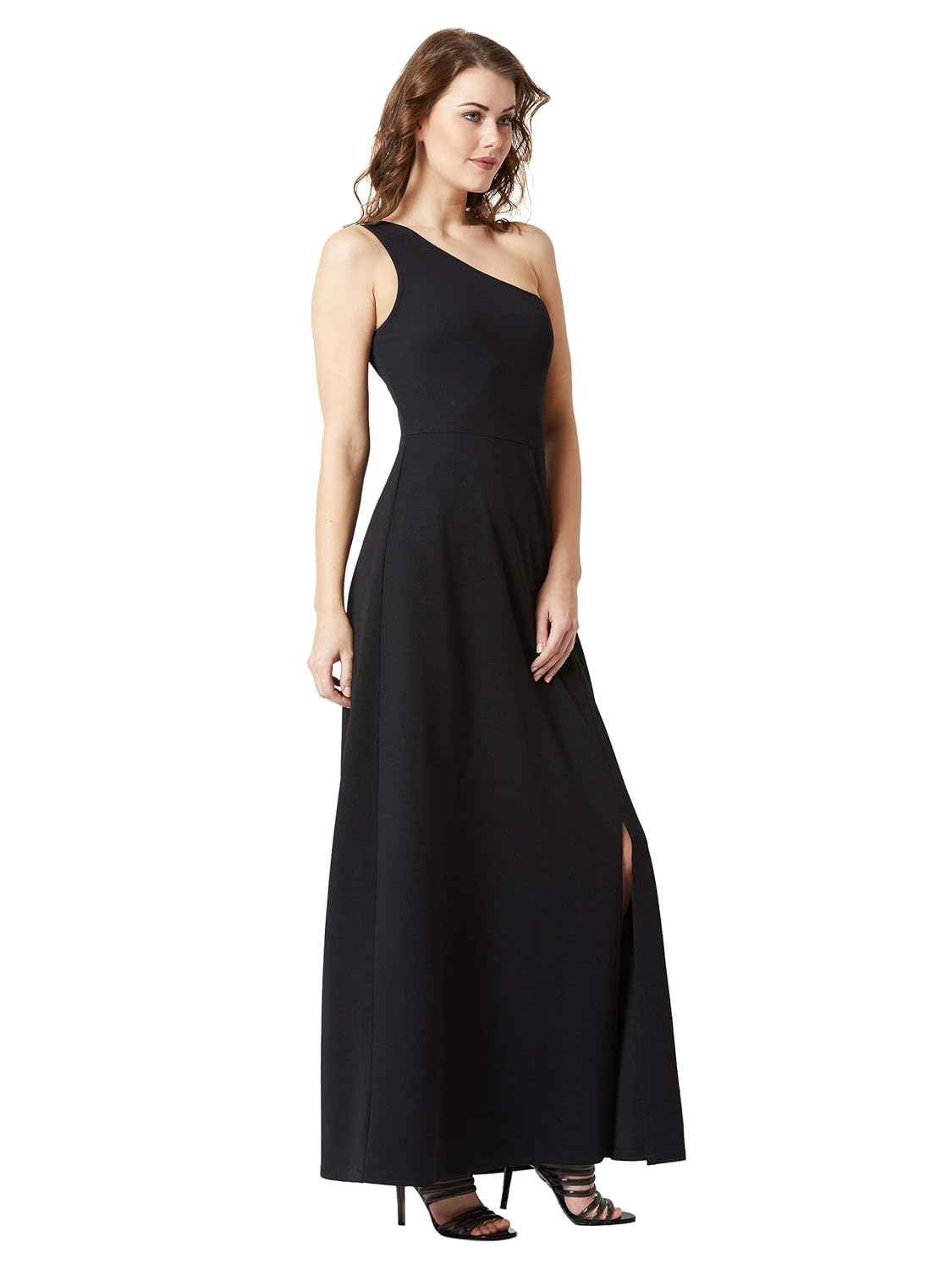 Women's Designer Crepe One-Shoulder Sleeveless Solid Side Slit Maxi Dress with Zip Closure - Image 10