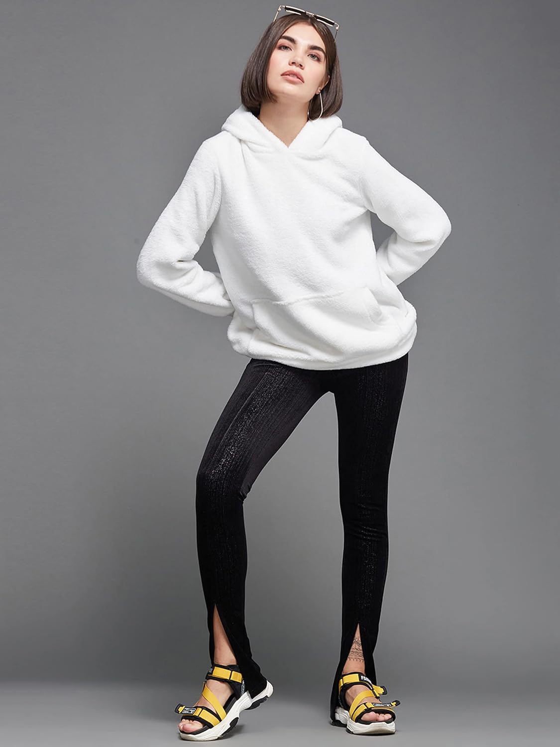 Women's White Full-Sleeve Solid-Patterned Regular Length Pullover Styled Polyester Hooded Sweatshirt - Image 2