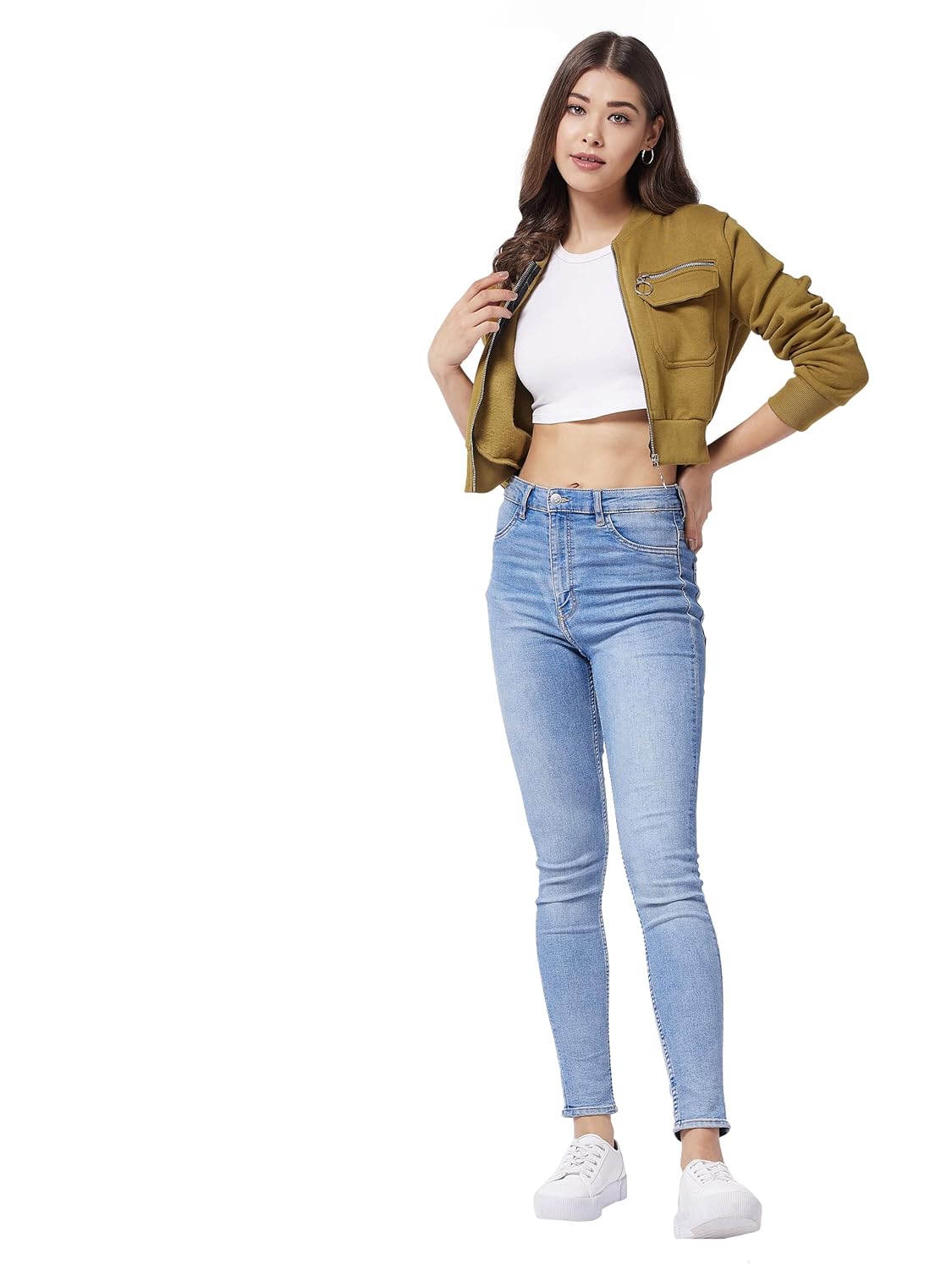 Women's Cotton Round Neck Full Sleeve Solid Bomber Crop Cropped Length Jacket - Image 2