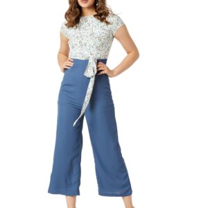 Women's Multicolored Round Neck Short Sleeves Floral Waist Tie-Up Regular Length Jumpsuit