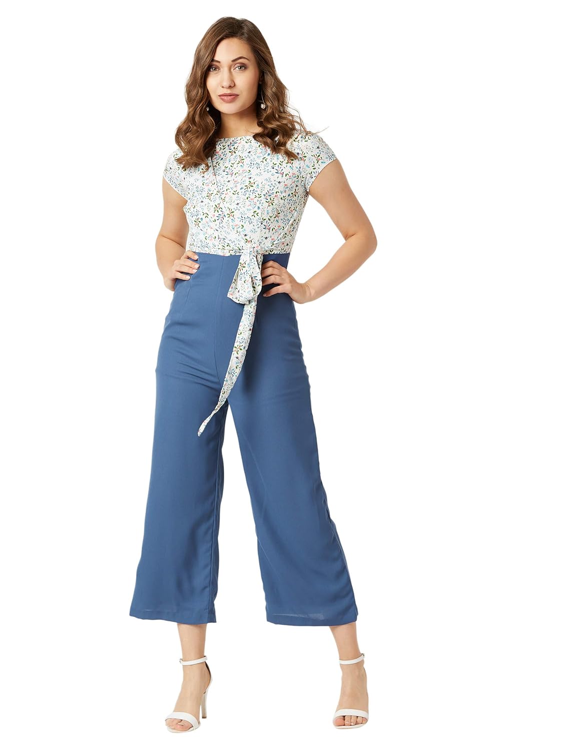 Women's Multicolored Round Neck Short Sleeves Floral Waist Tie-Up Regular Length Jumpsuit