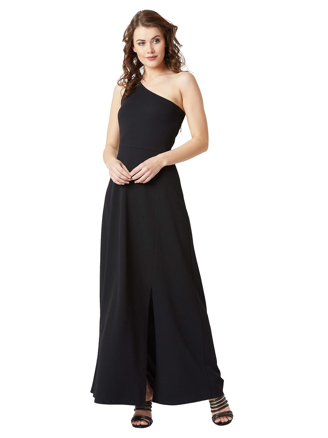 Women's Designer Crepe One-Shoulder Sleeveless Solid Side Slit Maxi Dress with Zip Closure - Image 9