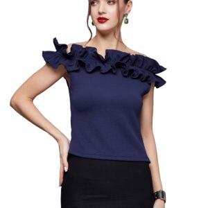 Women's Navy Blue Designer Off Shoulder Sleeveless Solid Slim Fit Ruffled Frilled Gathered Bardot Top