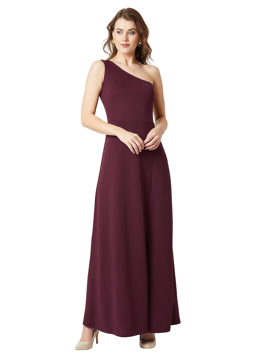 Women's Designer Crepe One-Shoulder Sleeveless Solid Side Slit Maxi Dress with Zip Closure