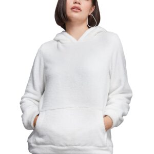 Women's White Full-Sleeve Solid-Patterned Regular Length Pullover Styled Polyester Hooded Sweatshirt