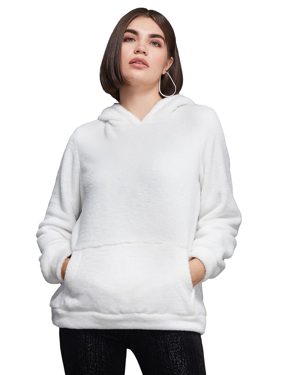 Women's White Full-Sleeve Solid-Patterned Regular Length Pullover Styled Polyester Hooded Sweatshirt