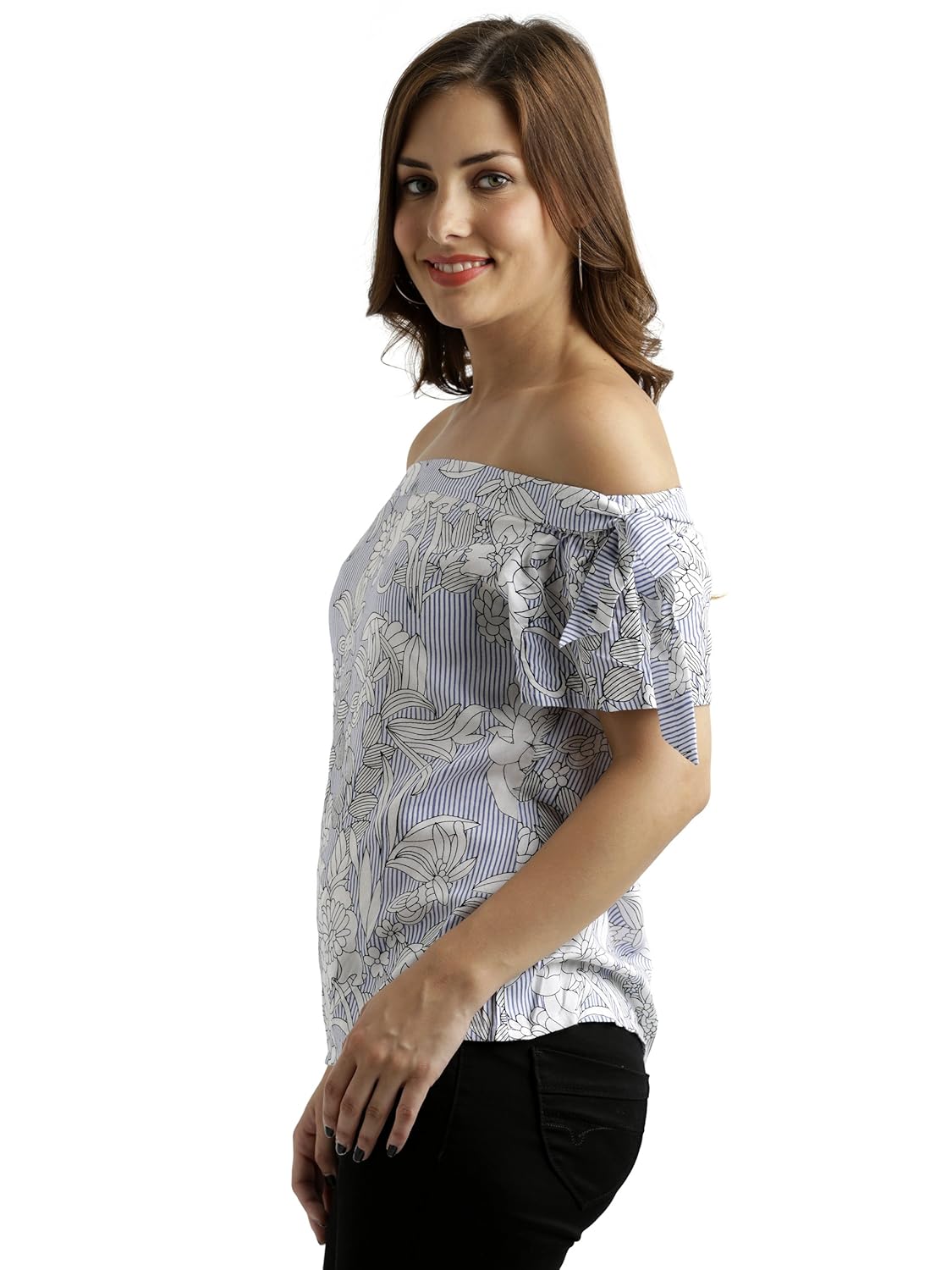 Women's Blue and White Off-Shoulder Printed Top - Image 3