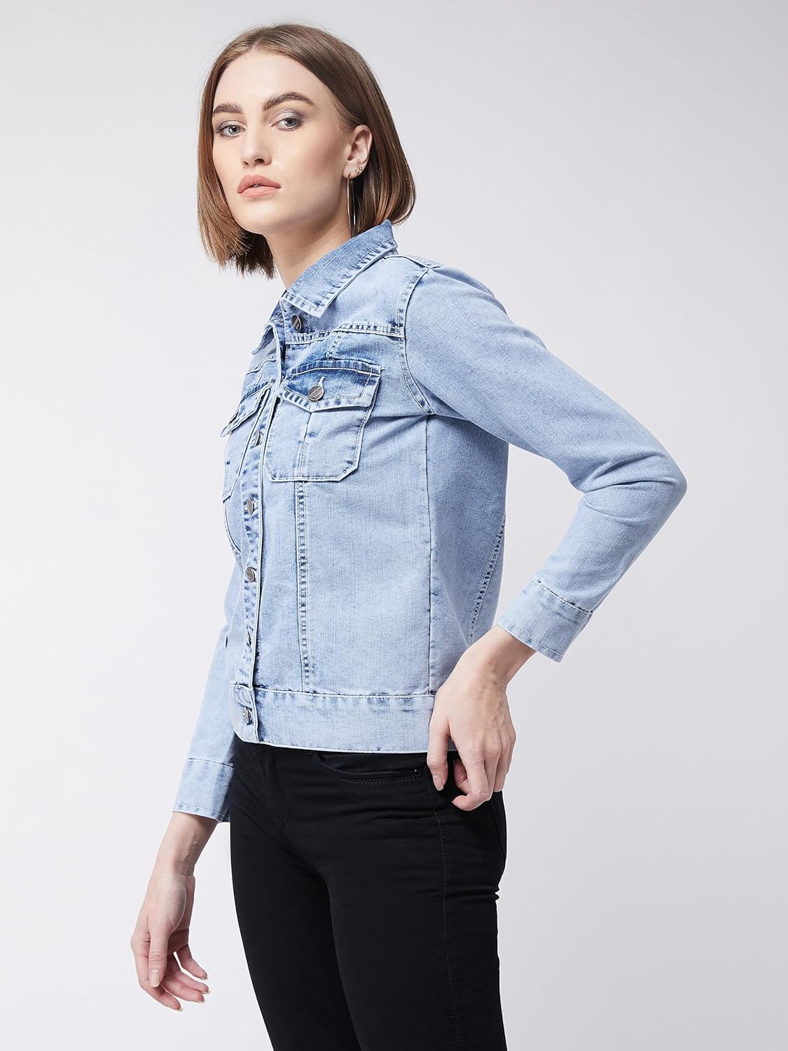 Women's Cotton Blend Collared Full Sleeves Solid Buttoned Short Length Denim Jacket - Image 3