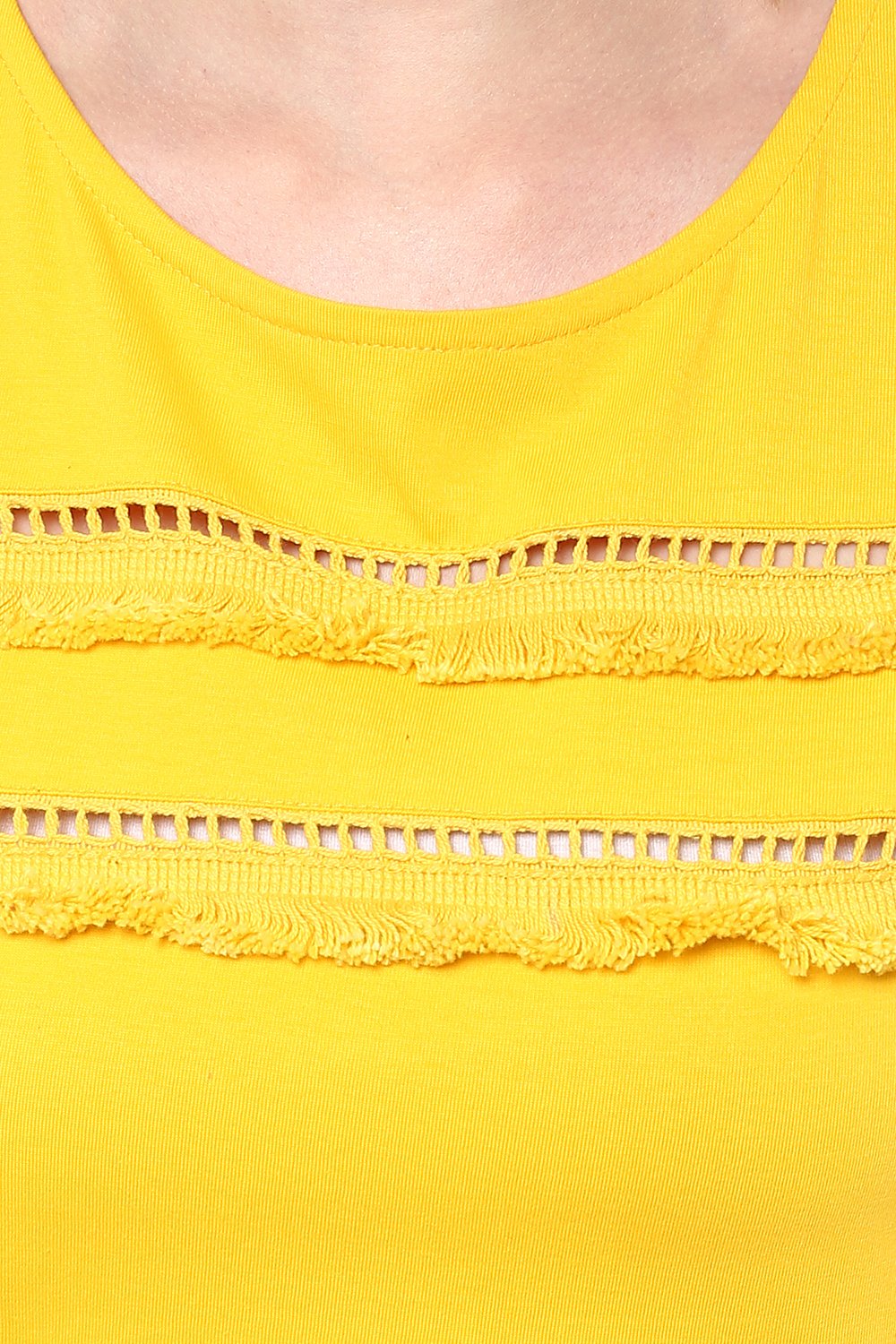 Women's Yellow Short Sleeve Round Neck Solid Lace Panelled Top - Image 17