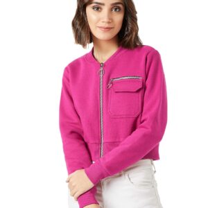 Women's Pink Collared Full Sleeves Bomber Cropped Jacket