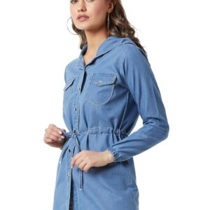 Women's Black Hooded Full Sleeves Solid Tie-Up Detailing Long Denim Jacket