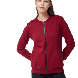 Women's Maroon V-Neck Full Sleeve Solid Bomber Regular Jacket
