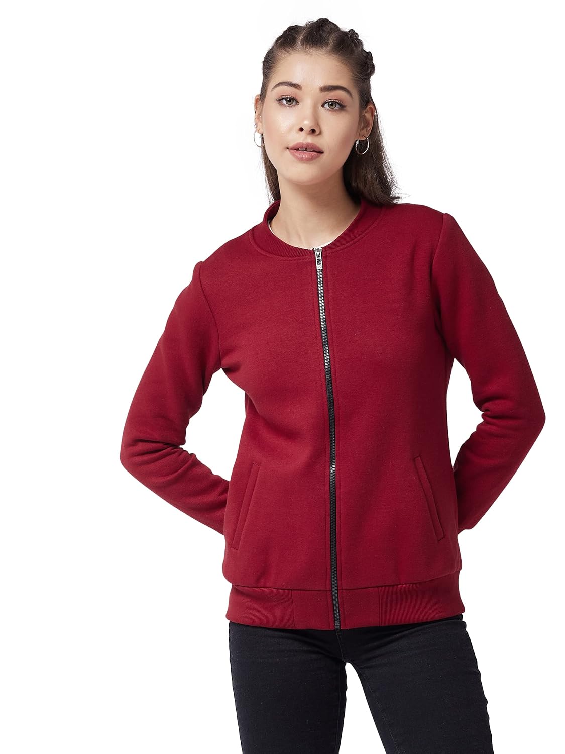 Women's Maroon V-Neck Full Sleeve Solid Bomber Regular Jacket