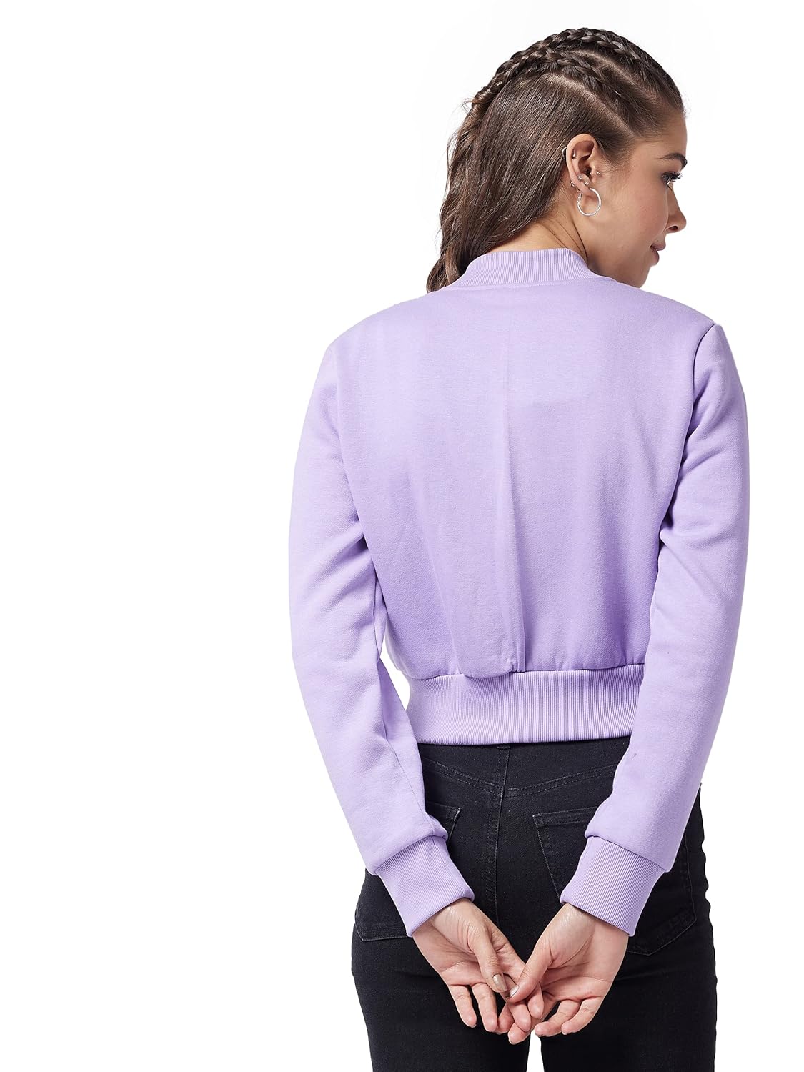 Women's Lavender Round Neck Full Sleeve Cotton Solid Bomber Crop Jacket - Image 4