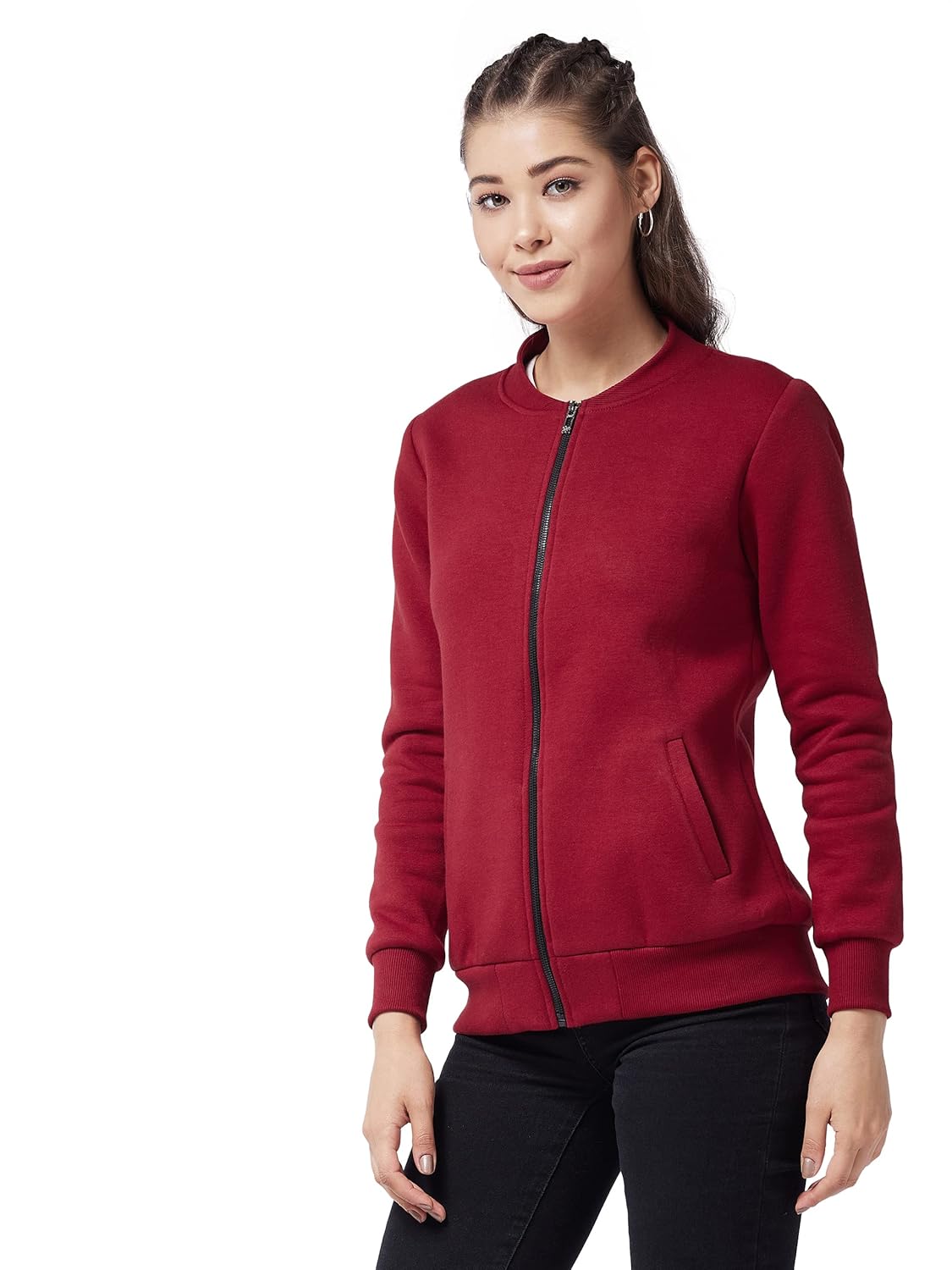 Women's Maroon V-Neck Full Sleeve Solid Bomber Regular Jacket - Image 3