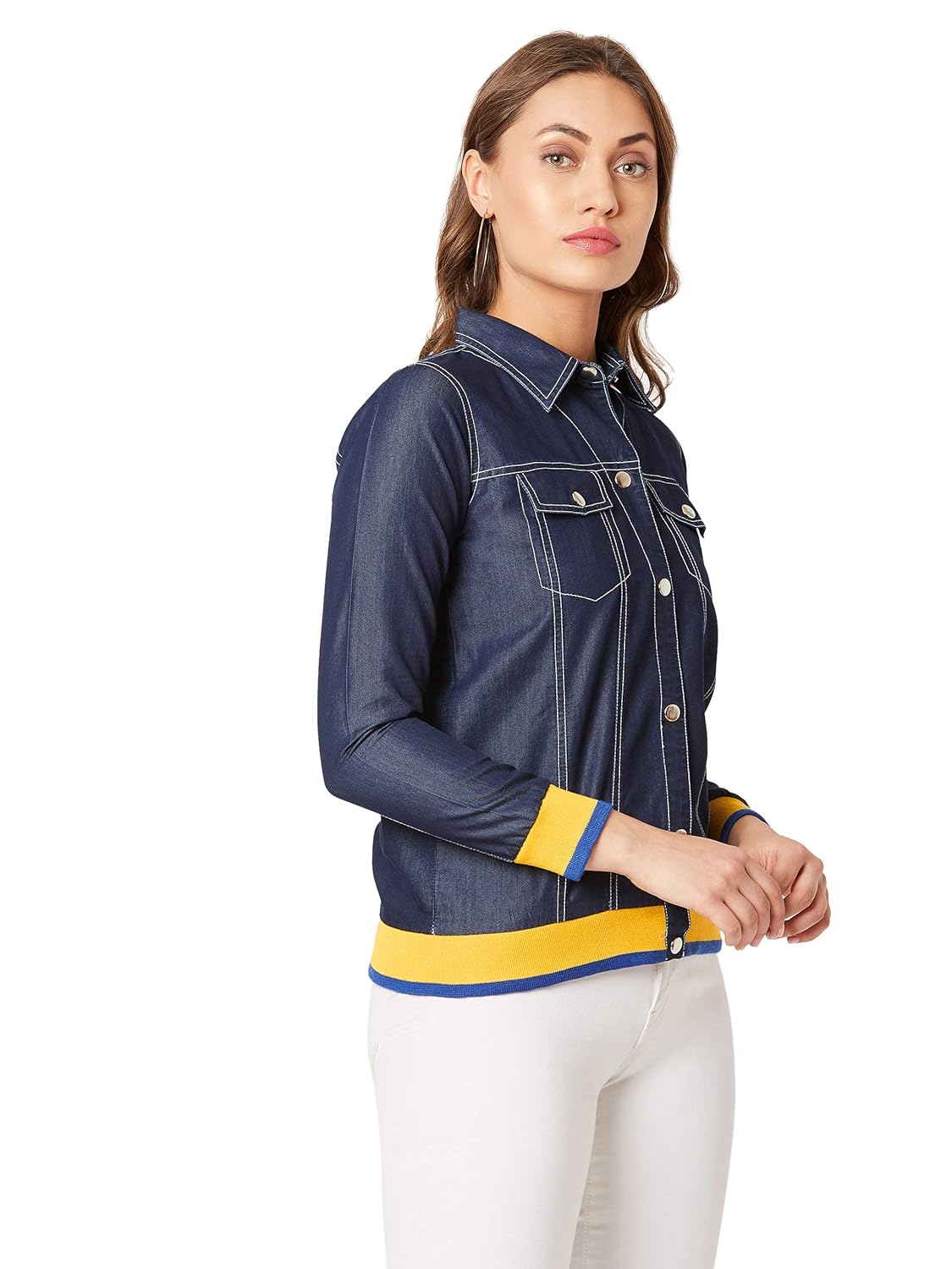 Women's Navy Collared Neck Full Sleeve Solid Bomber Regular Length Denim Jacket - Image 3