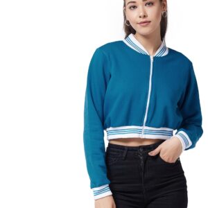 Women's Maroon V-Neck Full Sleeve Solid Bomber Crop Jacket