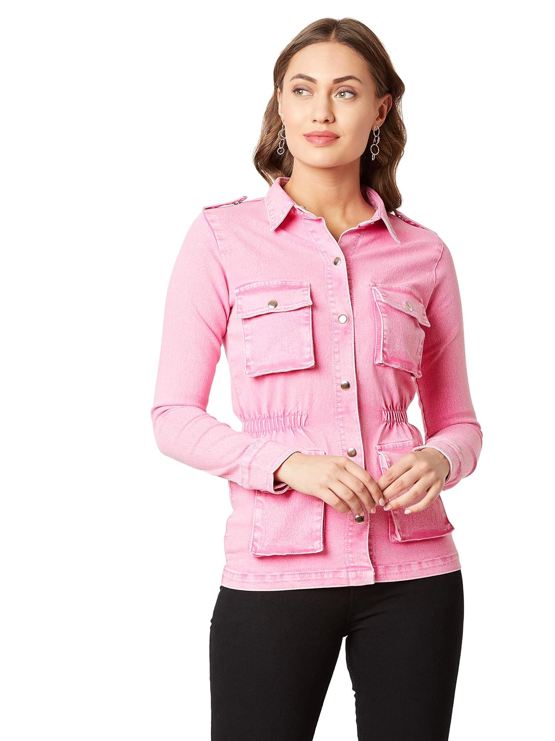 Women's Pink Denim Solid Jacket