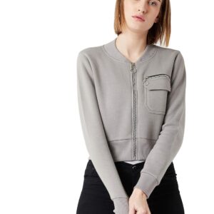 Women's Grey Collared Full Sleeves Solid Bomber Cropped Jacket