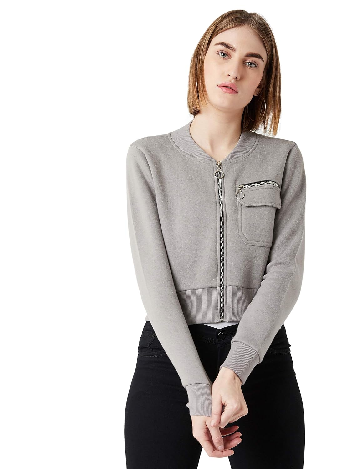Women's Grey Collared Full Sleeves Solid Bomber Cropped Jacket