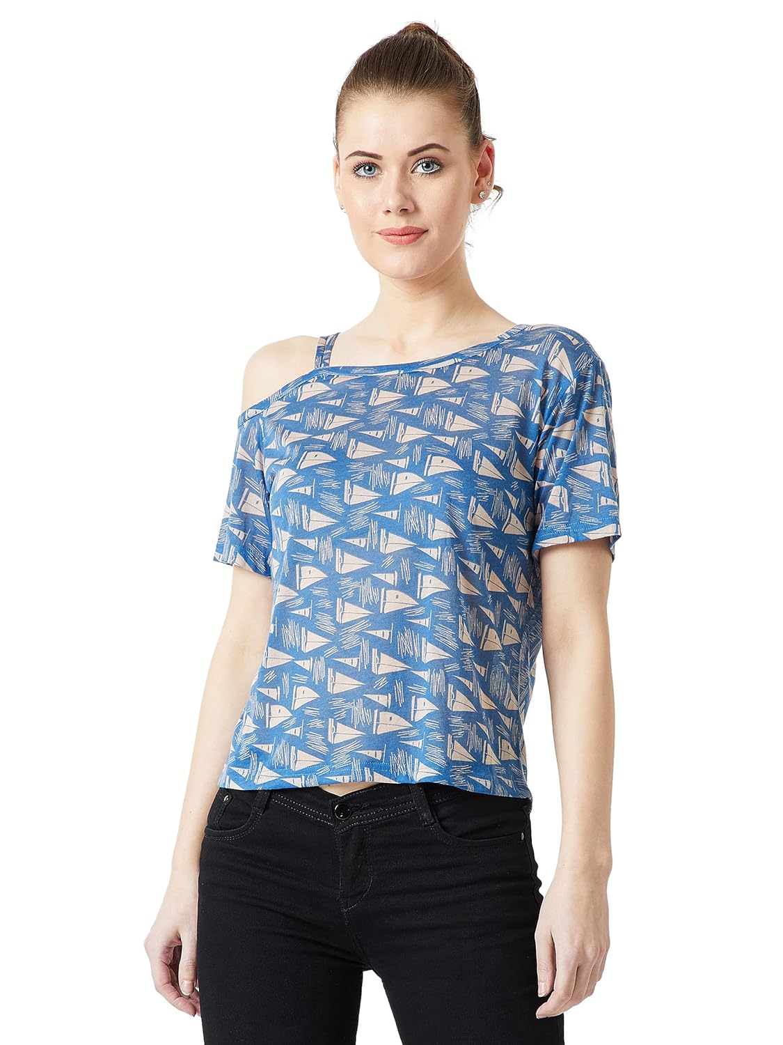 Women's Multicolor One-Shoulder Short Sleeve Nautical Shoulder Straps Regular Top