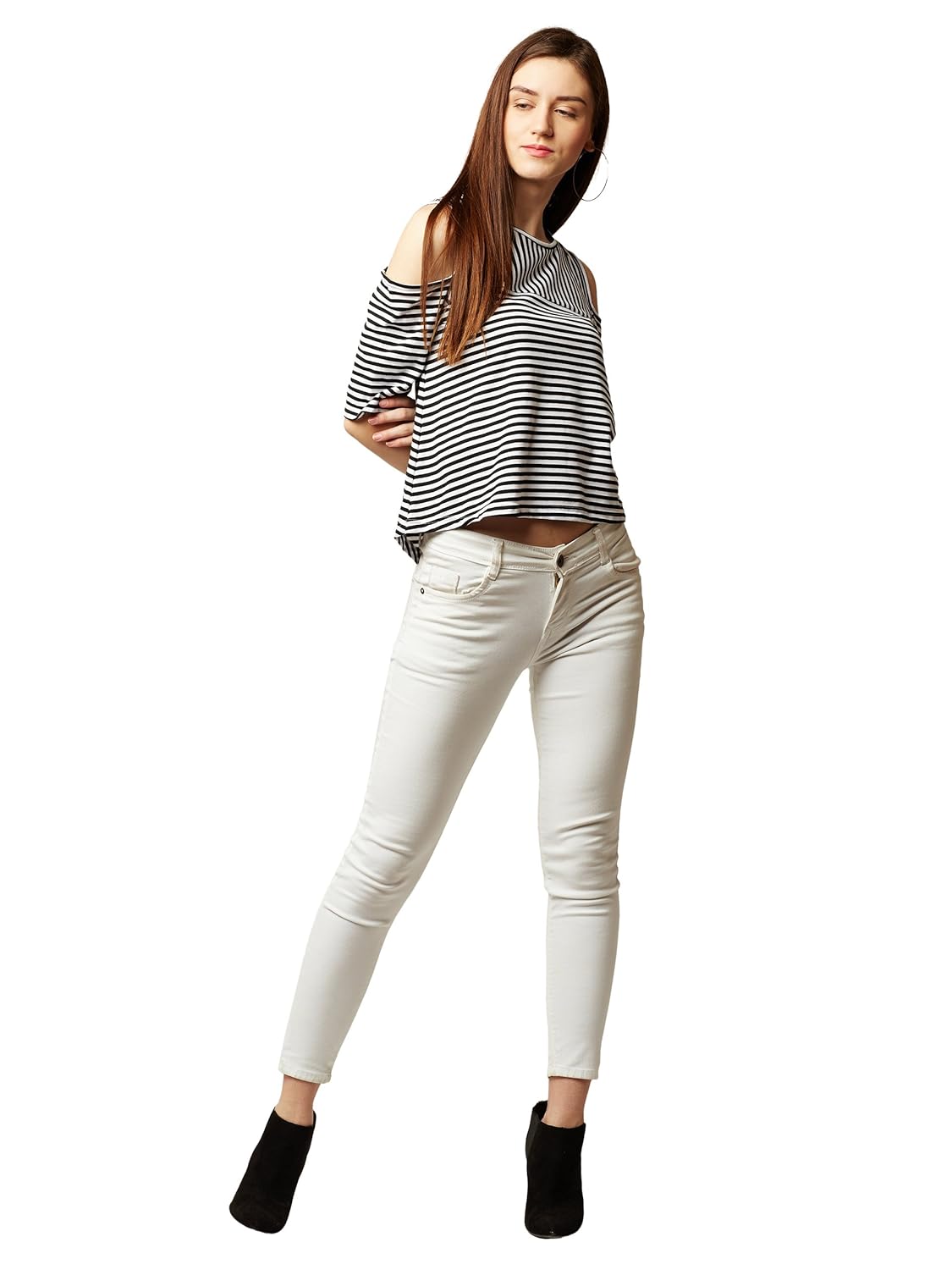 Women's Maroon and White Striped Cold Shoulder Top - Image 2