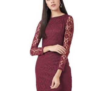 Women's Maroon Round Neck Full Sleeves Lace Bodycon Mini Dress