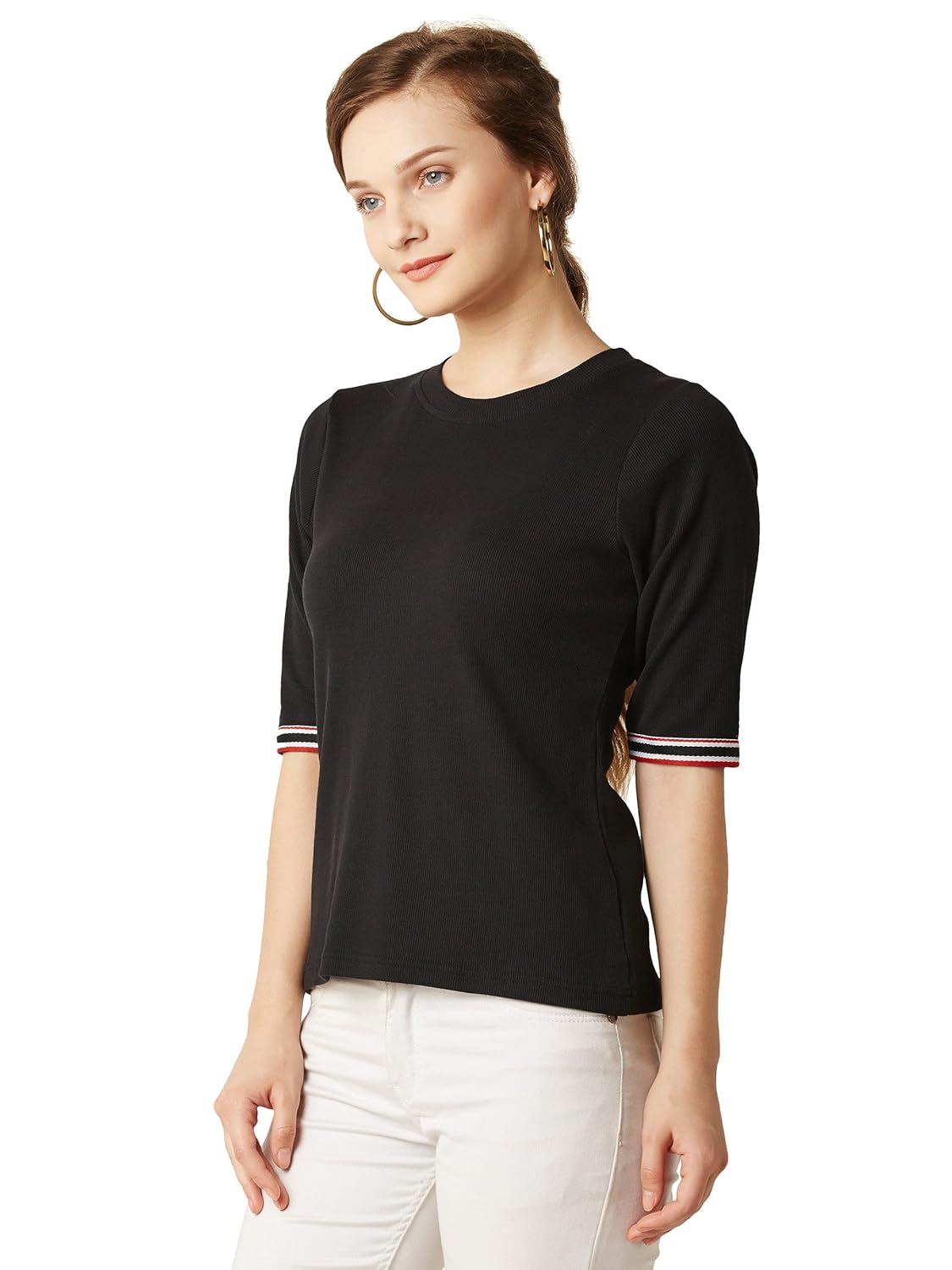 Women's Yellow Short Sleeve Round Neck Solid Lace Panelled Top - Image 3