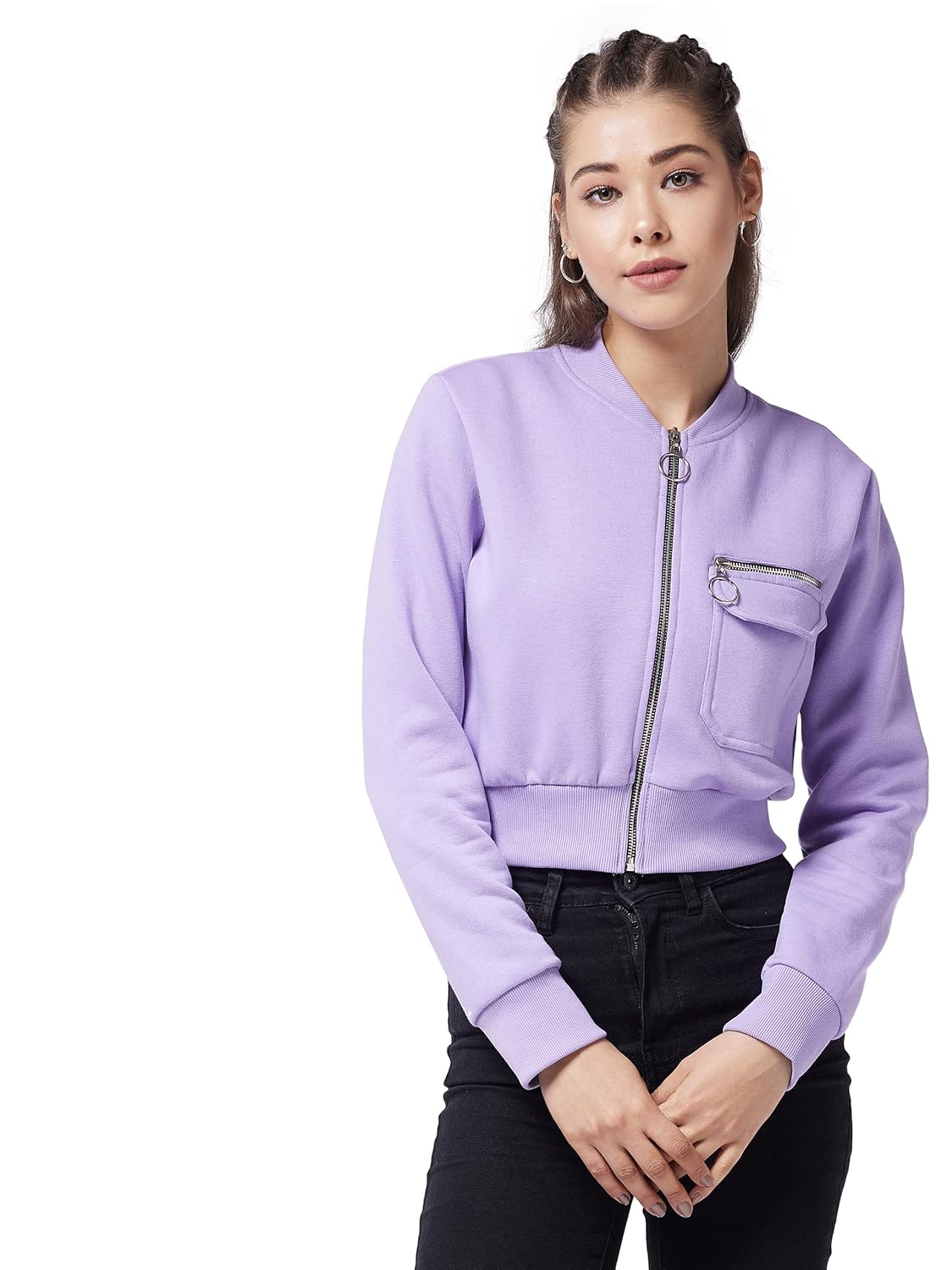 Women's Lavender Round Neck Full Sleeve Cotton Solid Bomber Crop Jacket