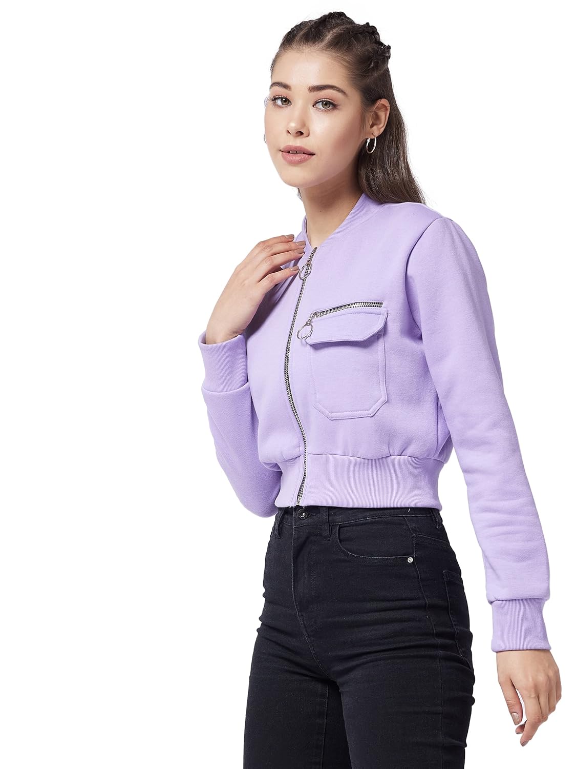 Women's Lavender Round Neck Full Sleeve Cotton Solid Bomber Crop Jacket - Image 3