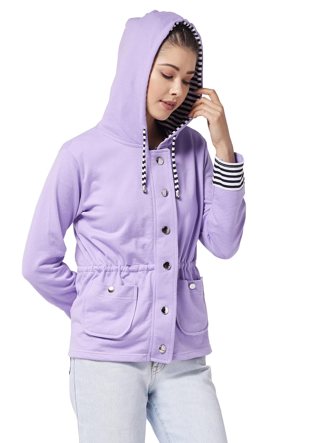 Women's Multicolor-Base Lavender Hooded Full Sleeve Solid Waist Tie-Up Regular Jacket - Image 3
