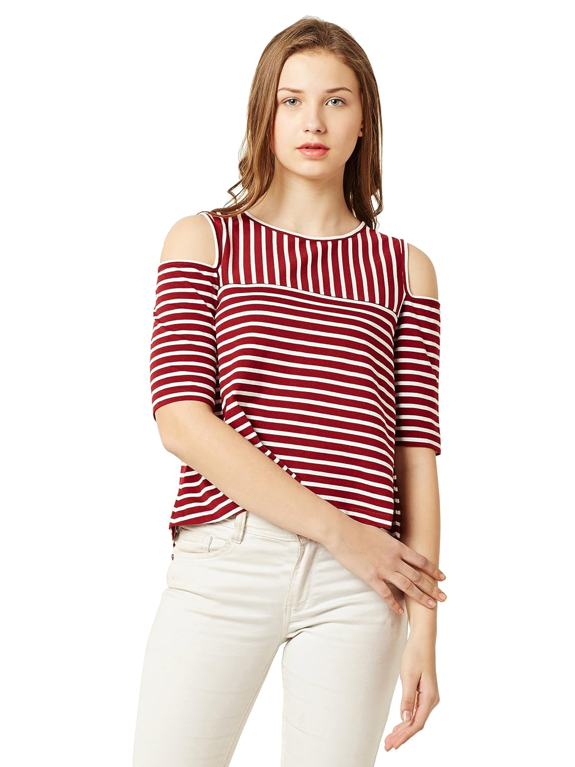 Women's Maroon and White Striped Cold Shoulder Top - Image 6