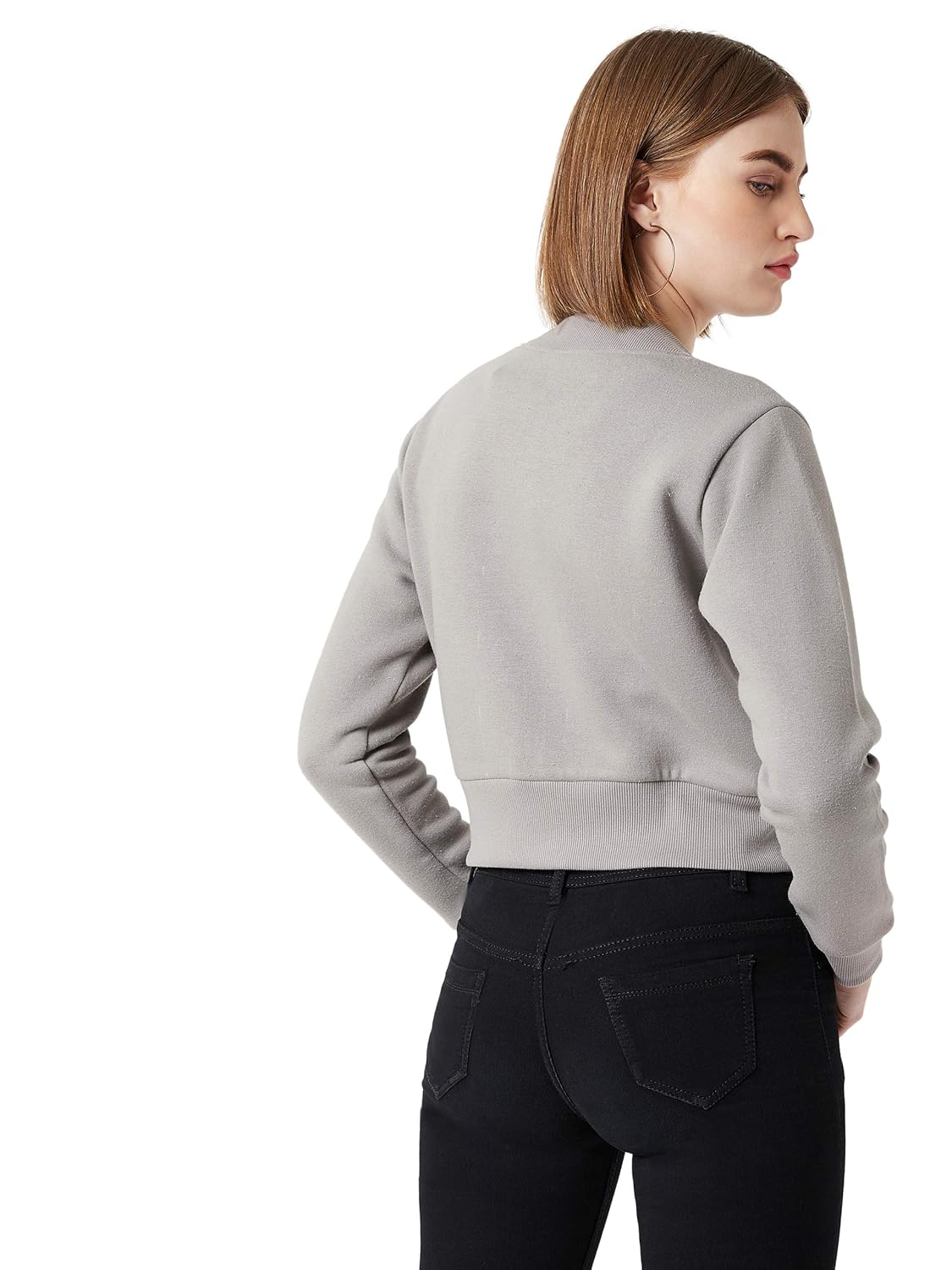 Women's Grey Collared Full Sleeves Solid Bomber Cropped Jacket - Image 4