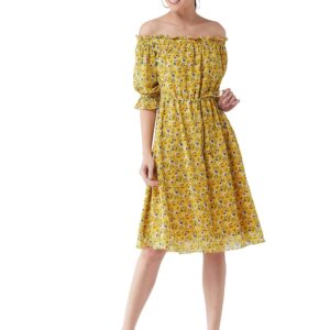 Miss Women's Floral Printed Georgette Regular Fit Off-Shoulder Half Sleeves Knee-Long Length Knee-Length Dress With Drawstring Closure
