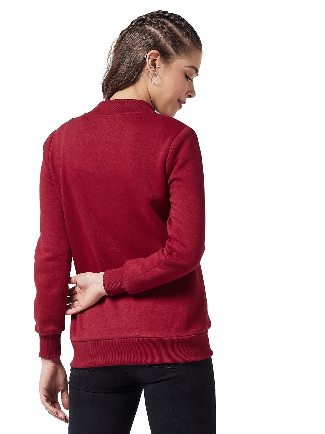 Women's Maroon V-Neck Full Sleeve Solid Bomber Regular Jacket - Image 4