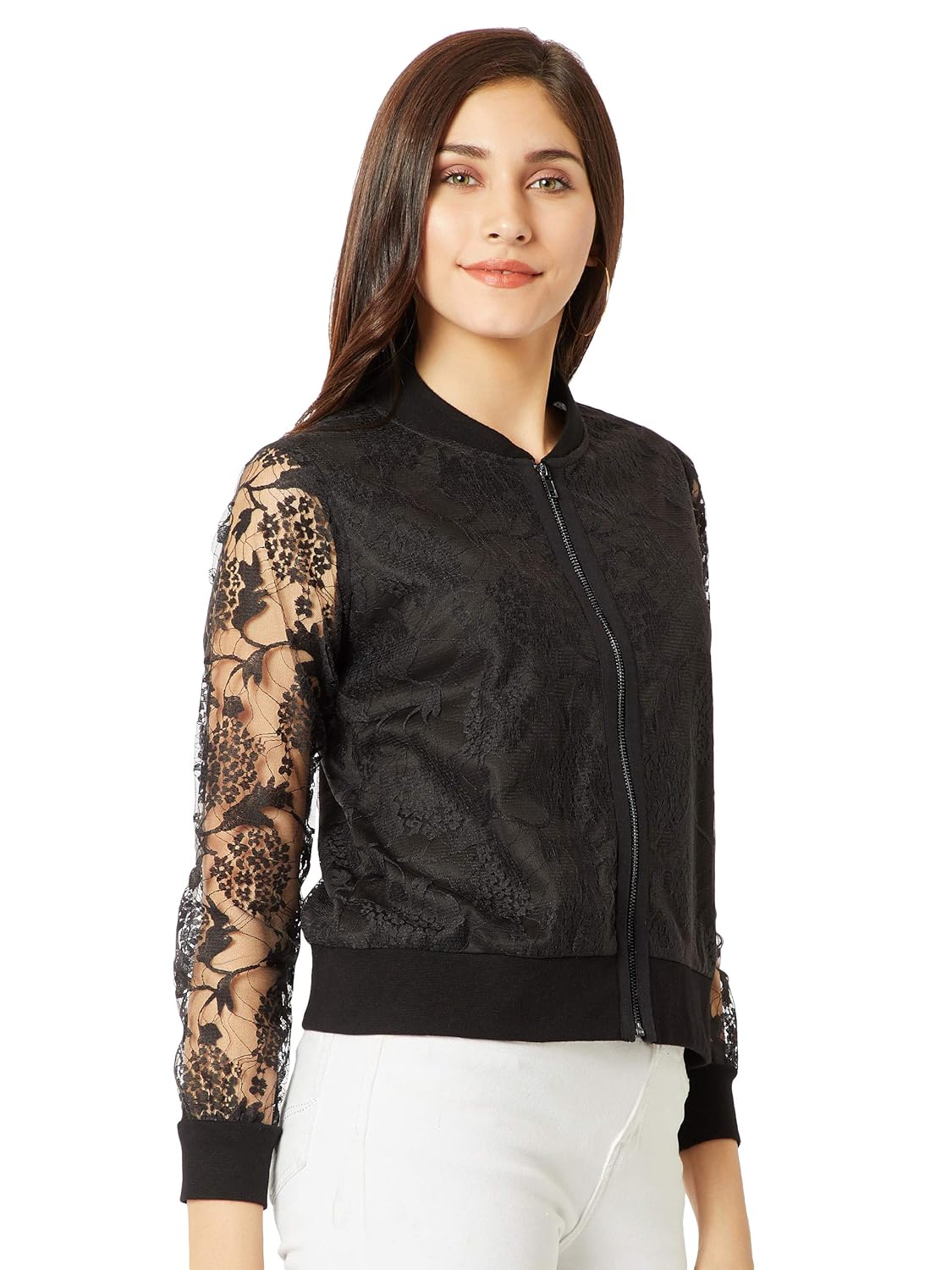 Women's Peach Lace Bomber Jacket - Image 3