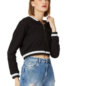 Women's Off White V-Neck Full Sleeves Bomber Cropped Jacket