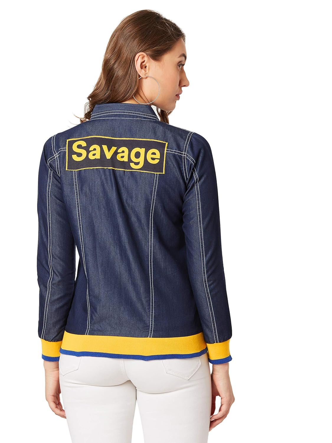 Women's Navy Collared Neck Full Sleeve Solid Bomber Regular Length Denim Jacket - Image 4