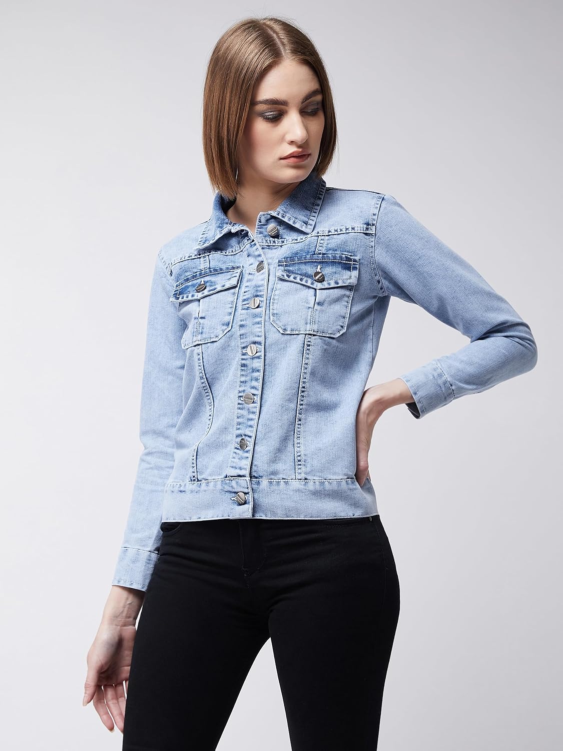 Women's Cotton Blend Collared Full Sleeves Solid Buttoned Short Length Denim Jacket - Image 6