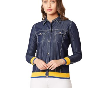 Women's Navy Collared Neck Full Sleeve Solid Bomber Regular Length Denim Jacket