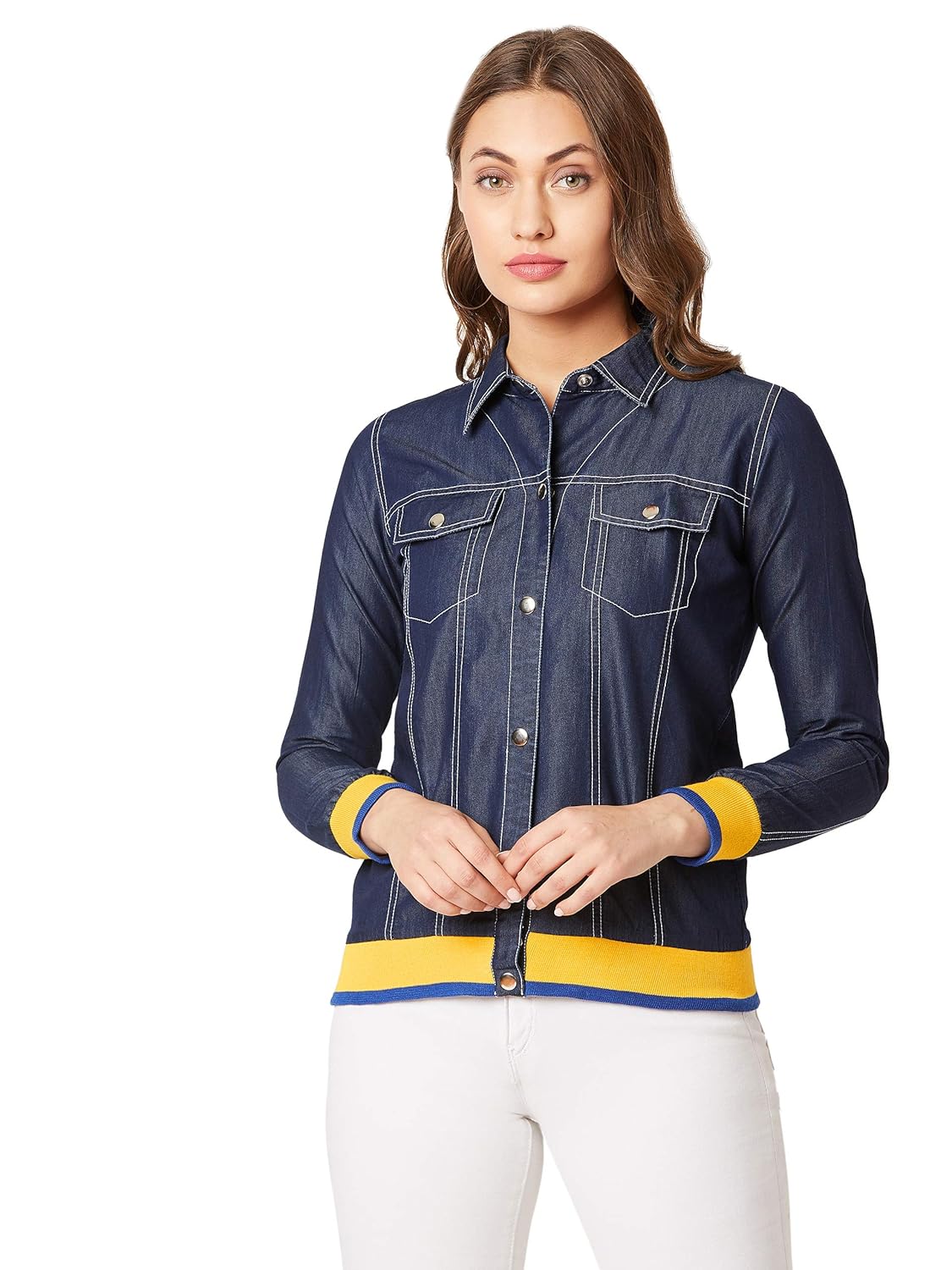 Women's Navy Collared Neck Full Sleeve Solid Bomber Regular Length Denim Jacket