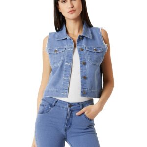 Women's Light Blue Polo Neck Sleeveless Denim Solid Buttoned Ice Wash Raw Edge Detailing Crop Denim Jacket