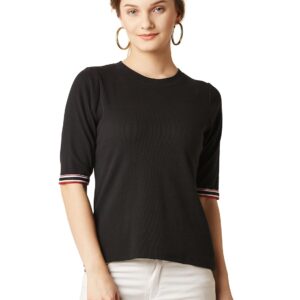 Women's Yellow Short Sleeve Round Neck Solid Lace Panelled Top