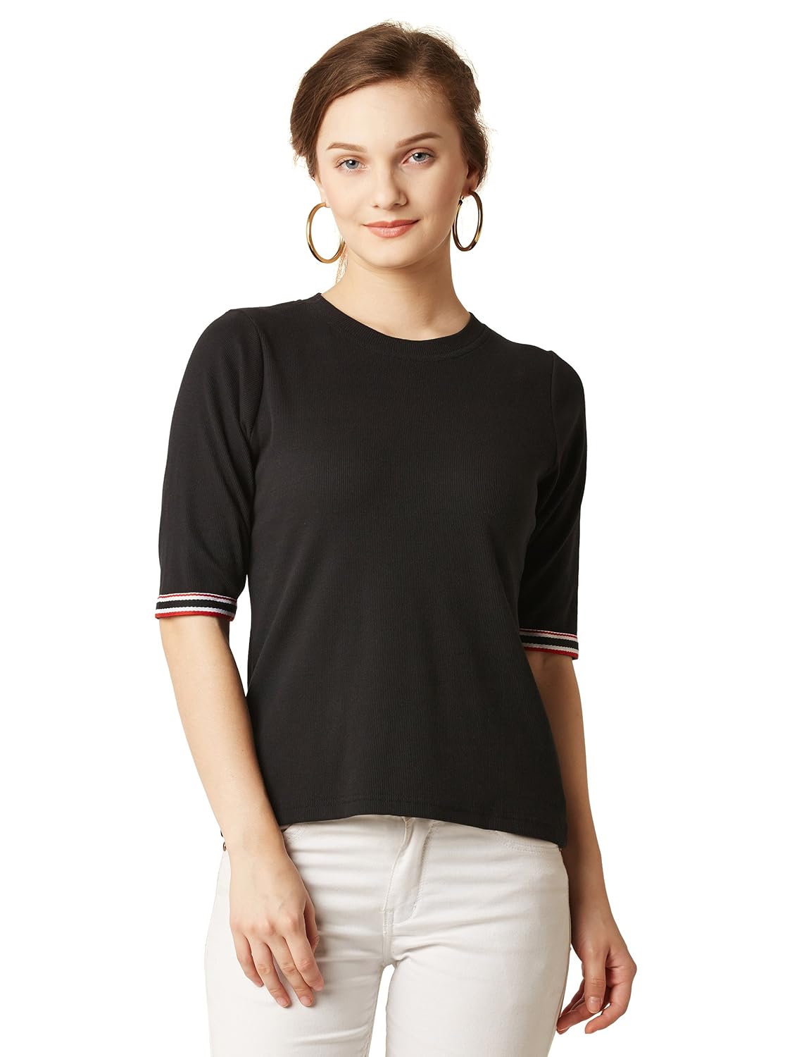 Women's Yellow Short Sleeve Round Neck Solid Lace Panelled Top