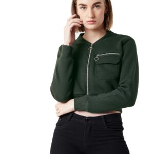 Women's Grey Collared Full Sleeves Solid Bomber Cropped Jacket