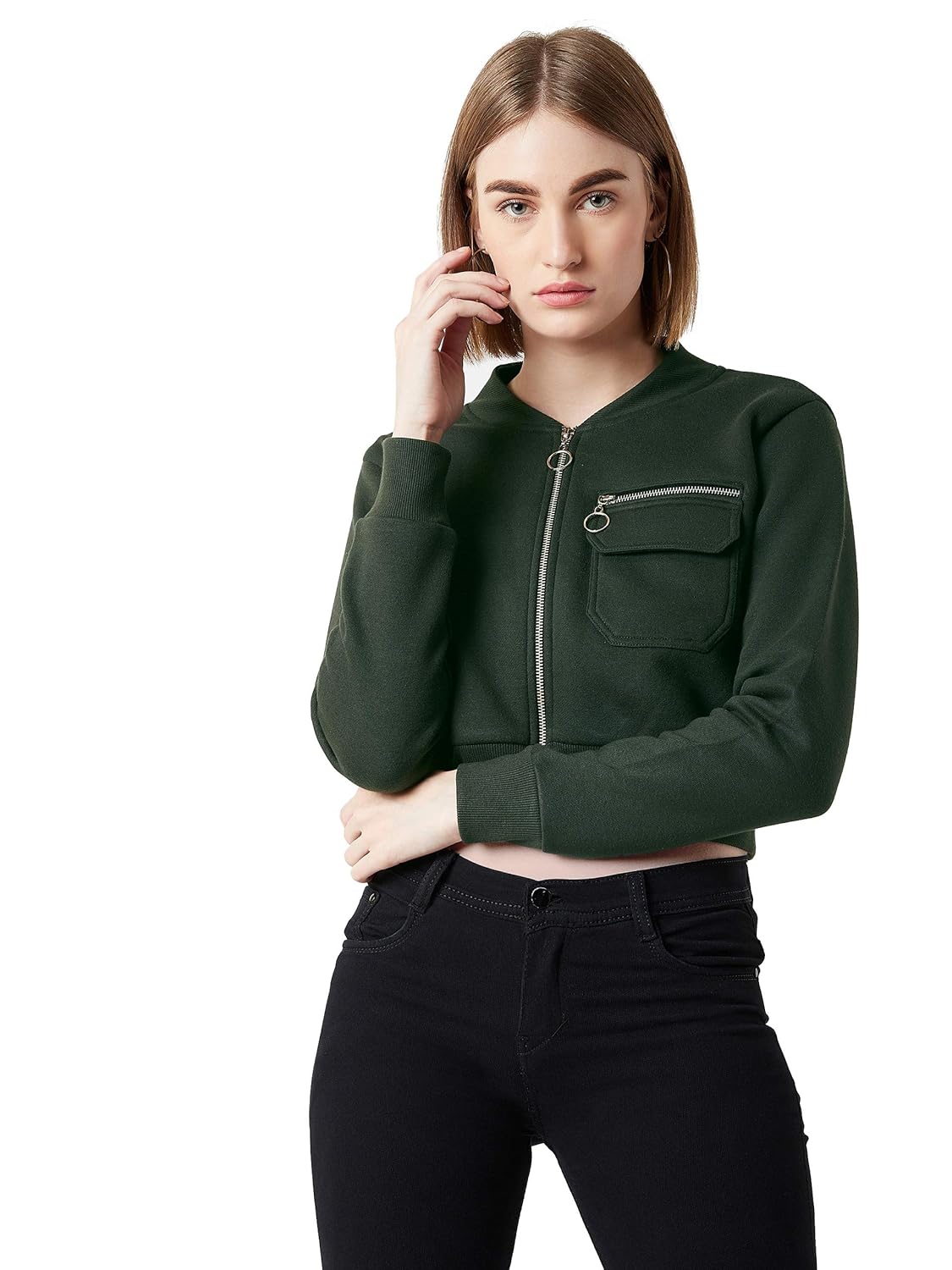 Women's Grey Collared Full Sleeves Solid Bomber Cropped Jacket - Image 8