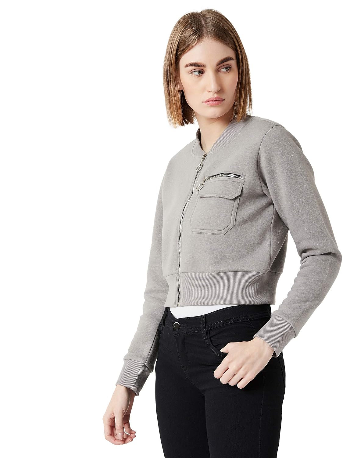 Women's Grey Collared Full Sleeves Solid Bomber Cropped Jacket - Image 10