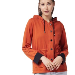 Cotton Women's Multicolor-Base Rust Hooded Full Sleeve Solid Waist Length Tie-Up Regular Jacket